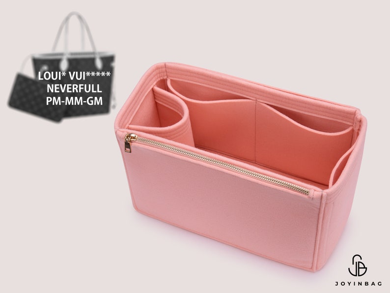 K&ouml;nnte beinhalten: Rosa gef&uuml;tterter Taschenorganizer mit mehreren F&auml;chern und einer Rei&szlig;verschlusstasche. Der Organizer ist f&uuml;r eine Louis Vuitton Neverfull PM-MM-GM Handtasche konzipiert.