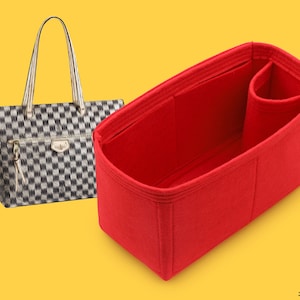 May include: A red felt bag organizer with multiple compartments and a zippered pocket. The organizer is designed to fit inside a larger tote bag.