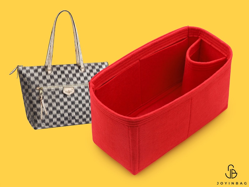 May include: A red felt bag organizer with multiple compartments and a zippered pocket. The organizer is designed to fit inside a larger tote bag.