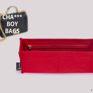 May include: Red felt bag organizer with a zippered compartment and a Joyinbag logo. The organizer is designed to fit inside a Chanel Boy bag.