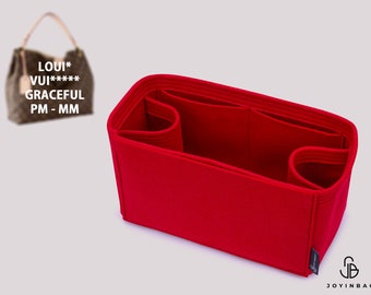 Organizador de bolsa elegante com inserto de feltro, porta-garrafas duplo e vários bolsos.