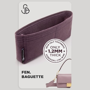 May include: A dark purple felt handbag organizer insert with a rectangular shape and multiple interior compartments. A circular badge states New Felt Thickness Only 1.2mm Thick. The text Fen. Baguette appears near a small light purple handbag.