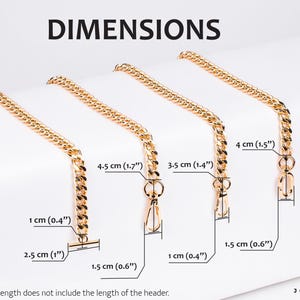 May include: Four gold chain lengths with different sizes, ranging from 1.5 inches to 1.7 inches. The chains are shown against a white background with measurements in inches and centimeters.