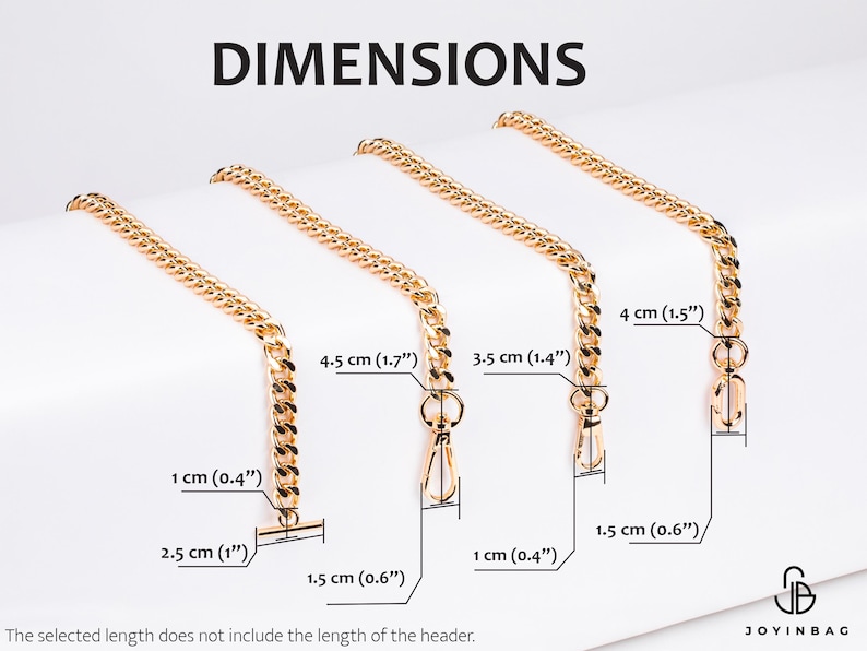 May include: Four gold chain lengths with different sizes, ranging from 1.5 inches to 1.7 inches. The chains are shown against a white background with measurements in inches and centimeters.