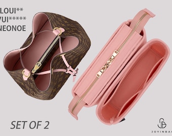 May include: A brown bucket bag with a monogram pattern and pink interior, paired with a separate pink felt organizer insert featuring a zippered top closure. The text LOUI** VUI***** NEONOE and SET OF 2 is visible in the image.