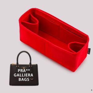 May include: A rectangular red felt bag organizer insert featuring multiple interior compartments and pockets for storage. A small black handbag is shown in the lower left corner with the text PRA** GALLIERA BAGS printed on its front surface.