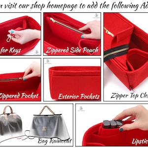 May include: Red bag organizers with features like a hook for keys, zippered pockets, and exterior pockets. The image also shows a bag raincoat and a lipstick case. Text on the image says "You can visit our shop homepage to add the following Add-Ons."