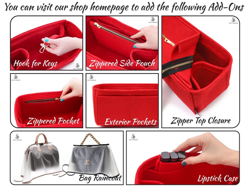 May include: Red bag organizers with features like a hook for keys, zippered pockets, and exterior pockets. The image also shows a bag raincoat and a lipstick case. Text on the image says "You can visit our shop homepage to add the following Add-Ons."