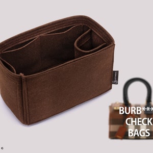 May include: Brown felt bag organizer with multiple compartments. The organizer is designed to fit inside a Burberry check handbag. The text "BURB*** CHECK BAGS" is visible on the handbag.