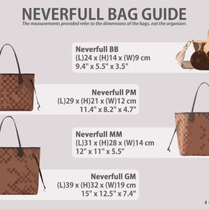 Pu&ograve; includere: Una guida alle diverse dimensioni della borsa tote Louis Vuitton Neverfull. La guida mostra le dimensioni Neverfull BB, PM, MM e GM con le loro dimensioni in pollici e centimetri. L'immagine mostra le borse in un colore marrone e beige con il motivo monogramma Louis Vuitton.