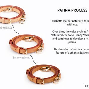 The image is a collage of three images depicting different types of leather straps, specifically focusing on the Patina Process. The first image shows a natural vachertaco leather strap, the second image displays a honey vachertaco leather strap, and the third image shows a honey vachertaco leather strap with a natural vachertaco finish.