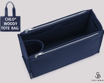 Organizador para bolso de madera: inserto de fieltro con portabotellas y bolsillos con cremallera.