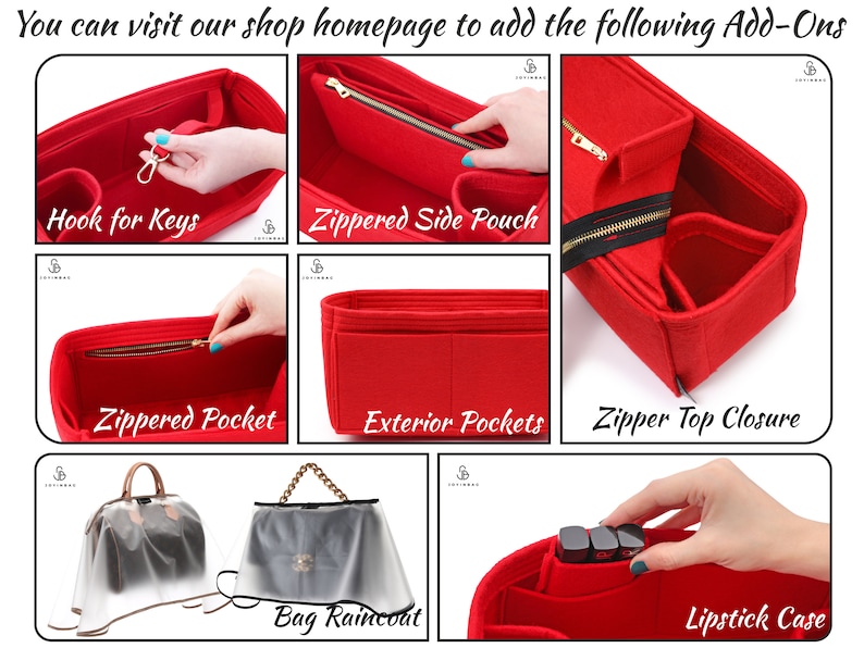 Pode incluir: Uma colagem de imagens que mostram v&aacute;rios acess&oacute;rios para uma bolsa de m&atilde;o. Os acess&oacute;rios incluem um gancho para chaves, uma bolsa lateral com z&iacute;per, um bolso com z&iacute;per, bolsos externos, um fecho superior com z&iacute;per, uma capa de chuva para bolsa e um estojo para batom.