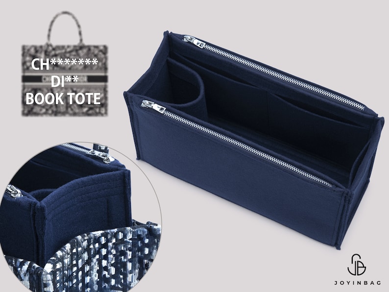 May include: A navy blue felt bag organiser with multiple compartments and a zipper closure. The organiser is designed to fit inside a larger tote bag. The text "CH**DI** BOOK TOTE" is visible on the bag.