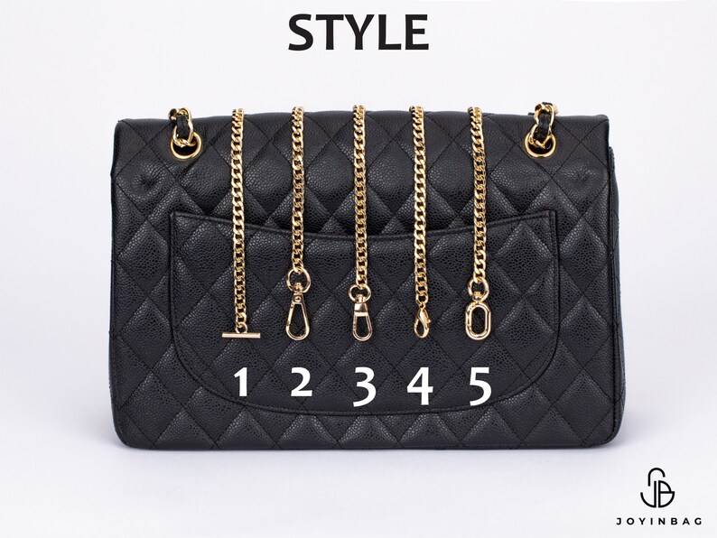May include: A black quilted handbag with five different gold chain styles attached to the top. The chains are numbered 1 through 5.