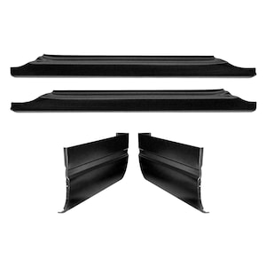 May include: A set of four black metal replacement rocker panels for a vehicle. The panels are designed to replace damaged or worn rocker panels and are made of durable metal.