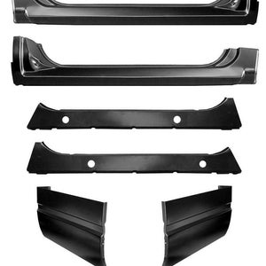 May include: A collection of black automotive body panels, including rocker panels and corner pieces, arranged against a white background. The panels are new and appear to be replacement parts for a vehicle.