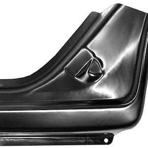 May include: A new, unpainted, black metal car body panel. The panel has a curved shape with multiple bends and a small hole. The metal has a shiny, reflective surface.