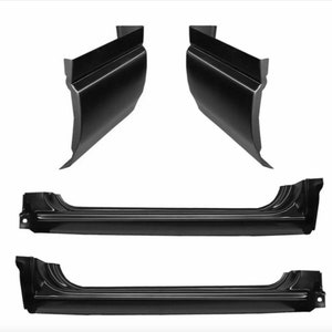 May include: Set of four black metal truck bed side panels and rocker panels. The panels are designed to replace damaged or rusted panels on a truck.