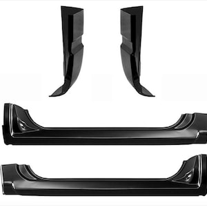 May include: A set of four black metal replacement truck rocker panels. The panels are designed to replace damaged or rusted rocker panels on a truck.
