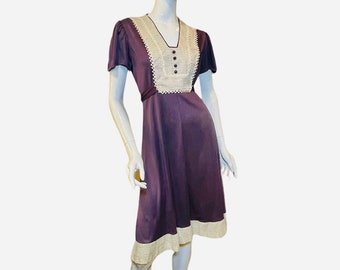 70s Purple Plaid Dress with Crochet Lace Trim, Square Neck A-Line