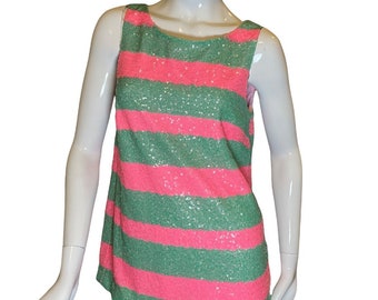 Lilly Pulitzer Sequin Striped Tank Small-Retro Small Stripe Pink Green Sequin Tank Top -Multicolor Lilly Pulitzer Regina Tropical Cucina Top