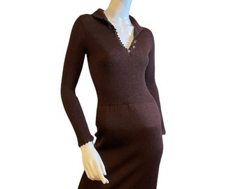 Vintage 60s Brown Crochet Knit Dress XS -Goldworm Chocolate Brown V Neck Midi Dress-Retro Italian Knit Long Sleeve Dress Extra Small