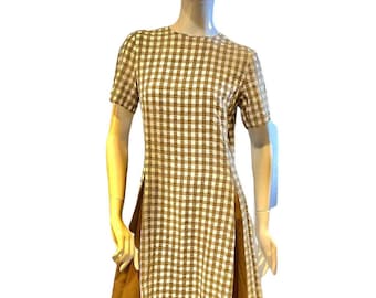 Vintage 60-tals L’Aiglon Gingham Seersucker-klänning, brunvit rutig flapklänning