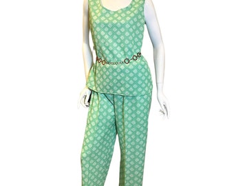 1970s Geometric Print Tank Top and Flare Pant Set - Medium