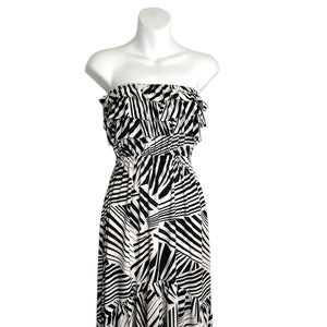 Retro Black White Sleeveless Maxi Dress-Black White Zebra Bandeau Waterfall Dress -Zebra Sleeveless Ruffle Dress Petite-Animal Print Dress