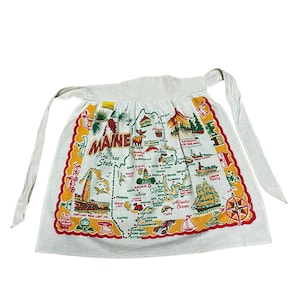 Delantal con mapa de Maine de recuerdo de los años 50/Delantal de cocina vintage con mapa del estado/Delantal con lazo en la cintura con mapa del estado pintado a mano/Delantal kitsch con mapa del estado para mujer de los años 50