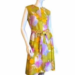 Retro Floral Summer Yellow Purple Dress-Medium Watercolor Flora Sleeveless Dress-Vintage 70s Flower Power Wedding Guest Dress-Feminine Dress