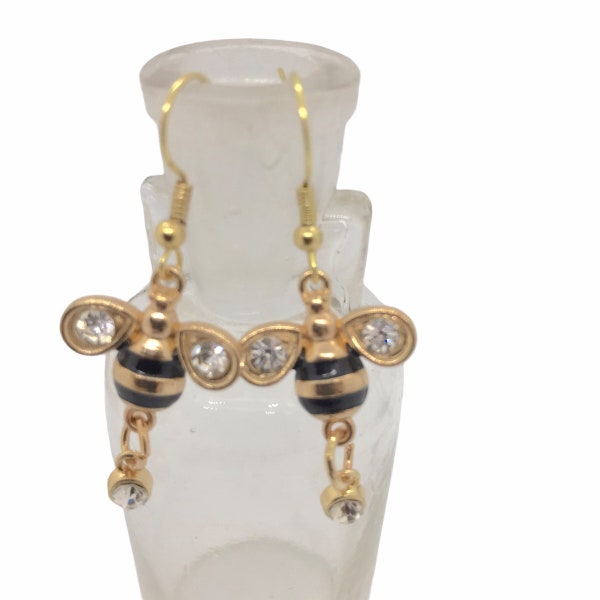Handcrafted Honey Bee Dangling Earrings/Rhinestones/Queen Bee/Insect Drops/Enamel/HypoAllergic/Pierced/Stripes/Bee Earrings/Black Gold White