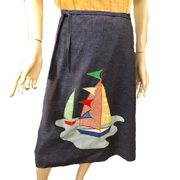 Vintage 70s Jean Wrap Skirt/Nautical/Sailboat/Gingham Appliqué/Reversible/A-Line/Coastal/Polka Dotted/Striped/Blue Green Red Yellow/The Pond