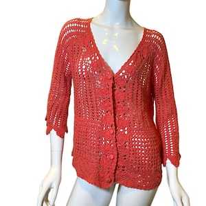 Crochet Knit Button Down Three Quarter Sleeve Cardigan-Boho Hippie Festival Crochet Openwork Jumper Large-Coral Crochet V  Neck Sweater L