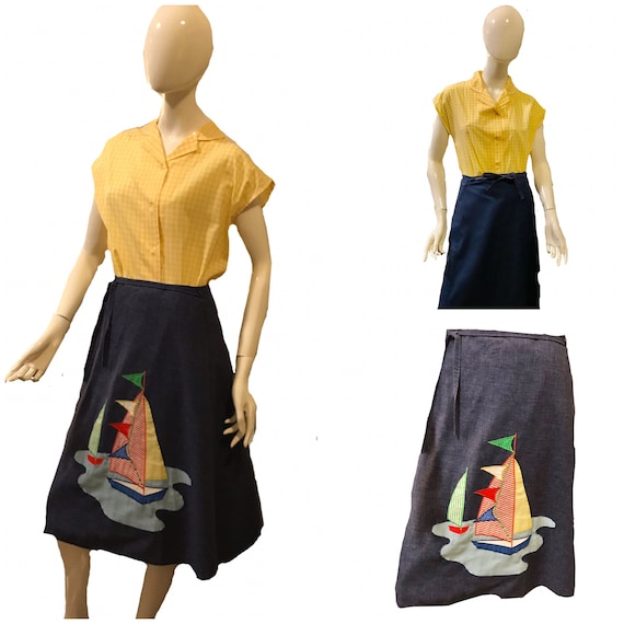 Vintage 1970s Sailboat Wrap Reversible Denim Skirt