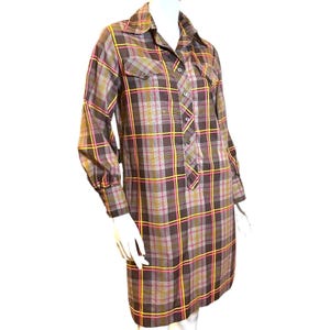 Retro Plaid Brown Shirt Dress Medium-60s Vintage Plaid Button Front Dress-Women&#39;s Medium Fall Multicolor A-line Dress-Business Casual Dress