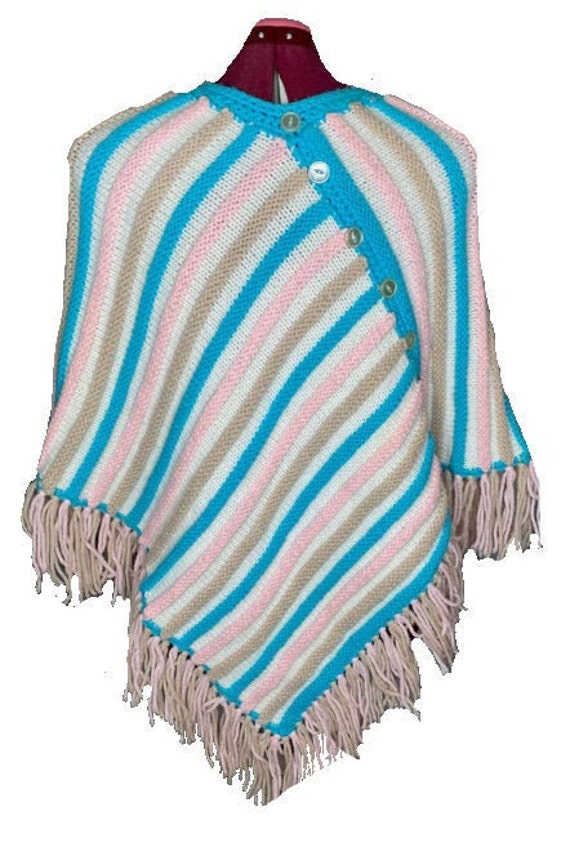 Vintage 70s Handmade Fringed Poncho/Hand Knit Cab… - image 3