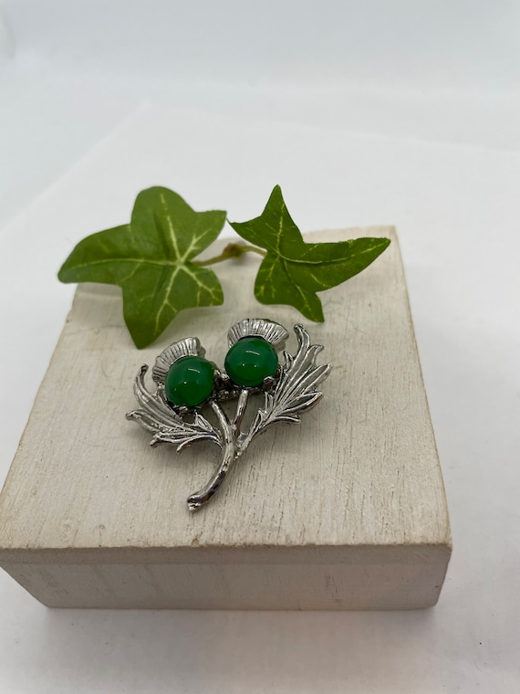 Retro Thistle Celtic Flower Green Silver Brooch-Sc