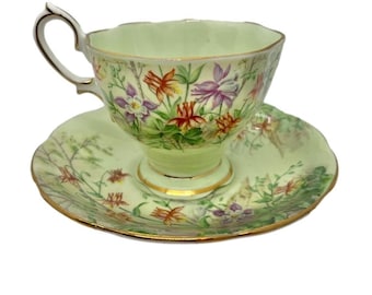 Royal Albert Columbine Tea Cup Saucer-Paragon Green Bone China Footed Tea Cup-Tea Lover Floral Tea Set-Tea Party Set-Afternoon Tea Set