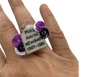 Handmade Halloween Statement Cocktail Ring, Gothic Tombstone Aluminum Coiled Button Charm Ring, Purple Lavender Gray Black