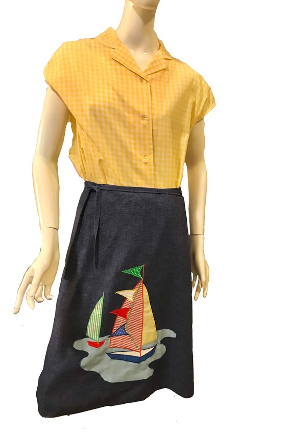 Vintage 70s Jean Wrap Skirt/Nautical/Sailboat/Gin… - image 5