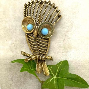 Midcentury Modern Gold Owl Brooch-Retro Figural Animal Oversized Pin-Jeanne Costume Jewelry-Statement Brooch-Lapel Coat Gold Turquoise Pin