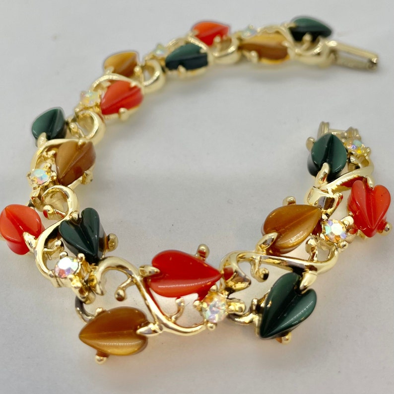 Vintage 50s Thermostat Leaf Bracelet/Mid Century Modern Lucite Bracelet/50s Antique Jewelry Bracelet/50s Aurora Borealis Rhinestone Bracelet image 7