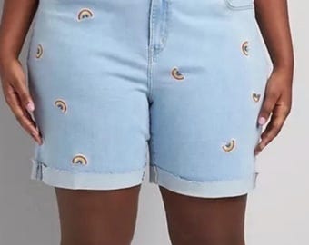 Embroidered Rainbow Denim Midi Shorts: Boyfriend Style, Light Wash Cuffs