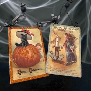 Halloween Ornaments Hanging Pumpkin Witch-Retro Fall Decor Black Cat Scarecrow Ornaments-Double Sided Hanging Halloween Ornament Decoration