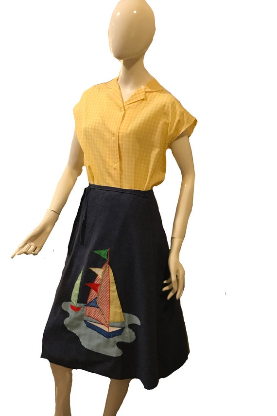 Vintage 70s Jean Wrap Skirt/Nautical/Sailboat/Gin… - image 4