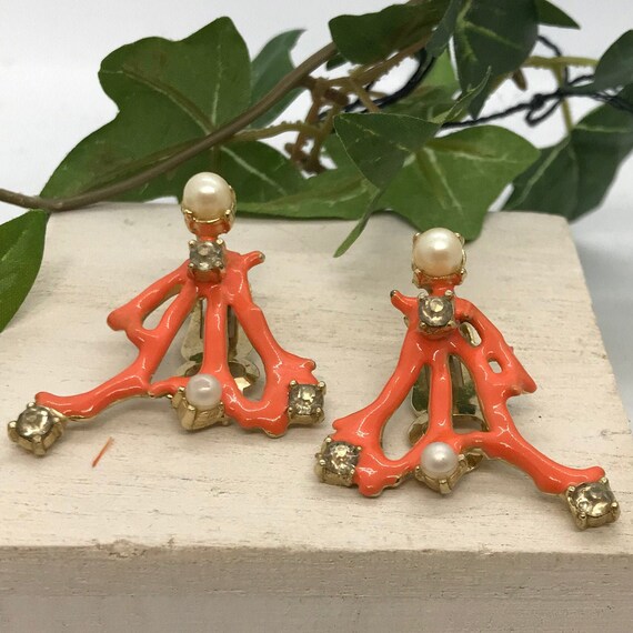 Kenneth Jay Lane Enamel Coral Branch Pearl Rhinest