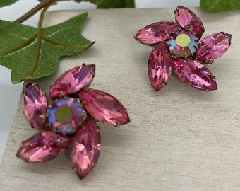 60s Rhinestone Clip On Earrings/Non Pierced Clip Earrings Bubblegum Pink/Midcentury Modern Rhinestone Clip Earrings Pink/Art Deco Earrings