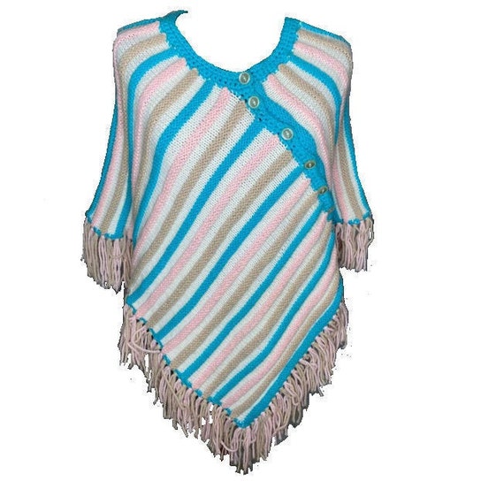 Vintage 70s Handmade Fringed Poncho/Hand Knit Cab… - image 1